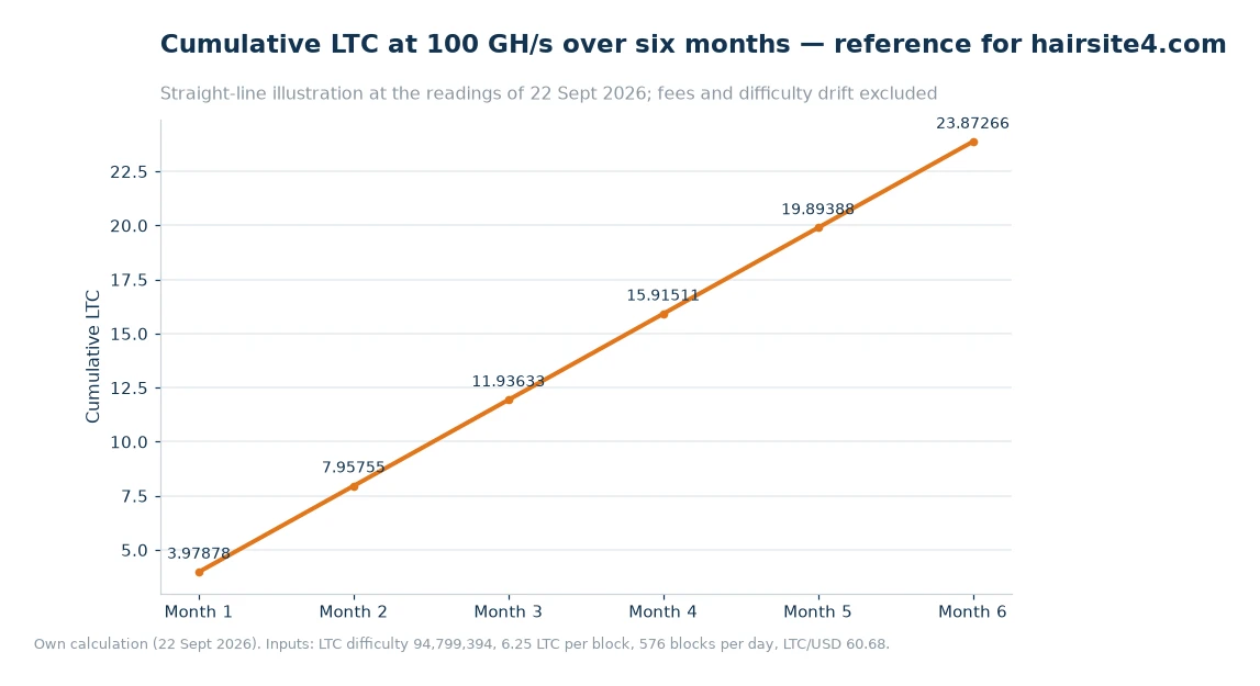 Line chart of cumulative LTC at 100 GH/s over six months, rising in even monthly steps from 3.97878 LTC to 23.87266 LTC